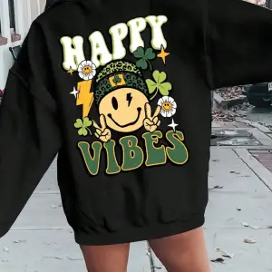 Mutlu Vibes baskı kadın tişörtü Harajuku büyük boy kazak moda sokak giyim gevşek Crewneck boy