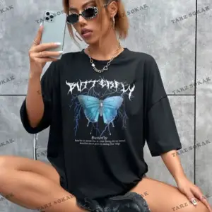 My Blog Siyah Kelebek Baskılı Oversize