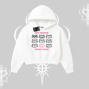 My Mood Right Now Yazılı Sevimli Kedi Kapşonlu Crop Sweatshirt