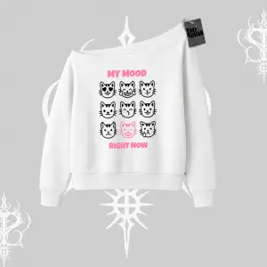 My Mood Right Now Yazılı Sevimli Kedi Kayık Yaka Sweatshirt