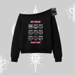 My Mood Right Now Yazılı Sevimli Kedi Kayık Yaka Sweatshirt