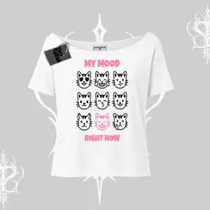 My Mood Right Now Yazılı Sevimli Kedi Kayık Yaka Tshirt