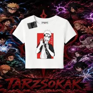 Naruto Uzumaki Premium Anime Kadın Baby Tee Beyaz