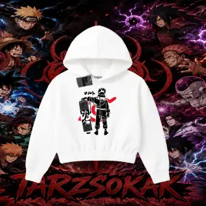 Naruto Uzumaki Premium Anime Kadın Crop Kapşonlu Sweatshirt Beyaz