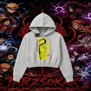 Naruto Uzumaki Premium Anime Kadın Crop Kapşonlu Sweatshirt Beyaz