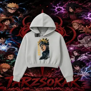 Naruto Uzumaki Premium Anime Kadın Crop Kapşonlu Sweatshirt Beyaz