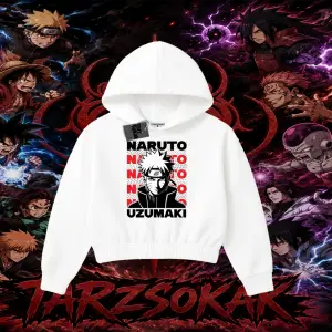Naruto Uzumaki Premium Anime Kadın Crop Kapşonlu Sweatshirt Beyaz