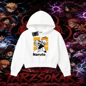 Naruto Uzumaki Premium Anime Kadın Crop Kapşonlu Sweatshirt Beyaz