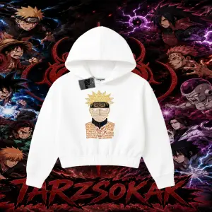Naruto Uzumaki Premium Anime Kadın Crop Kapşonlu Sweatshirt Beyaz
