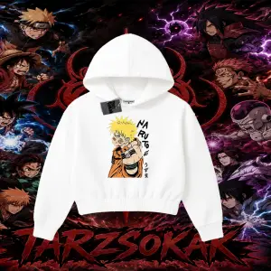 Naruto Uzumaki Premium Anime Kadın Crop Kapşonlu Sweatshirt Beyaz