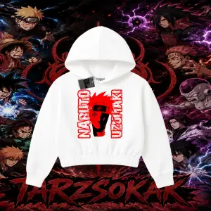 Naruto Uzumaki Premium Anime Kadın Crop Kapşonlu Sweatshirt Beyaz