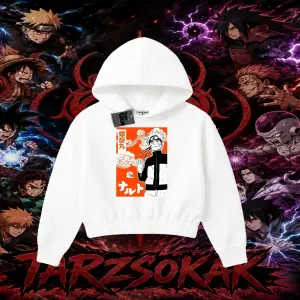 Naruto Uzumaki Premium Anime Kadın Crop Kapşonlu Sweatshirt Beyaz