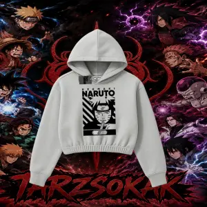 Naruto Uzumaki Premium Anime Kadın Crop Kapşonlu Sweatshirt Beyaz