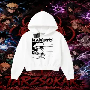 Naruto Uzumaki Premium Anime Kadın Crop Kapşonlu Sweatshirt Beyaz