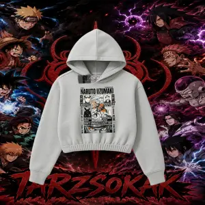 Naruto Uzumaki Premium Anime Kadın Crop Kapşonlu Sweatshirt Beyaz
