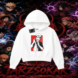 Naruto Uzumaki Premium Anime Kadın Crop Kapşonlu Sweatshirt Beyaz