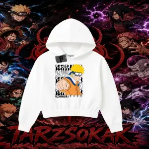 Naruto Uzumaki Premium Anime Kadın Crop Kapşonlu Sweatshirt Beyaz