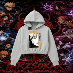 Naruto Uzumaki Premium Anime Kadın Crop Kapşonlu Sweatshirt Beyaz