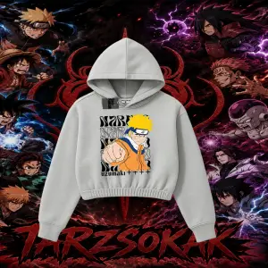 Naruto Uzumaki Premium Anime Kadın Crop Kapşonlu Sweatshirt Beyaz