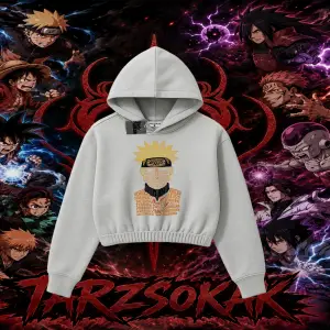 Naruto Uzumaki Premium Anime Kadın Crop Kapşonlu Sweatshirt Beyaz
