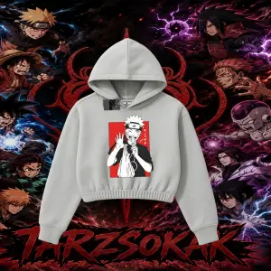 Naruto Uzumaki Premium Anime Kadın Crop Kapşonlu Sweatshirt Beyaz