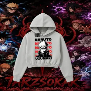 Naruto Uzumaki Premium Anime Kadın Crop Kapşonlu Sweatshirt Beyaz