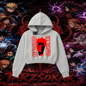 Naruto Uzumaki Premium Anime Kadın Crop Kapşonlu Sweatshirt Beyaz