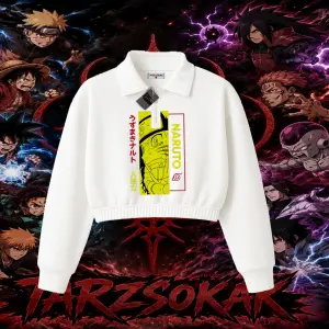 Naruto Uzumaki Premium Anime Kadın Crop Polo Yaka Yarım Fermuarlı Sweatshirt Beyaz