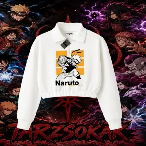 Naruto Uzumaki Premium Anime Kadın Crop Polo Yaka Yarım Fermuarlı Sweatshirt Beyaz