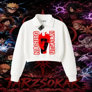 Naruto Uzumaki Premium Anime Kadın Crop Polo Yaka Yarım Fermuarlı Sweatshirt Beyaz