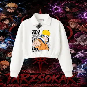 Naruto Uzumaki Premium Anime Kadın Crop Polo Yaka Yarım Fermuarlı Sweatshirt Beyaz