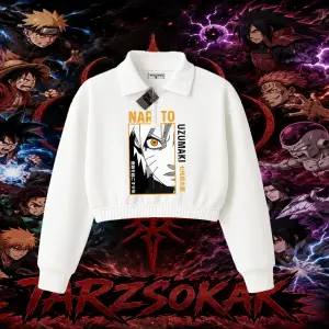 Naruto Uzumaki Premium Anime Kadın Crop Polo Yaka Yarım Fermuarlı Sweatshirt Beyaz