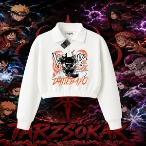 Naruto Uzumaki Premium Anime Kadın Crop Polo Yaka Yarım Fermuarlı Sweatshirt Beyaz