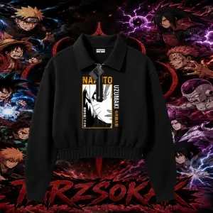 Naruto Uzumaki Premium Anime Kadın Crop Polo Yaka Yarım Fermuarlı Sweatshirt Beyaz