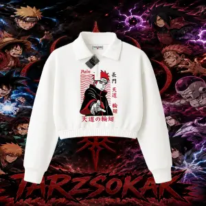 Naruto Uzumaki Premium Anime Kadın Crop Polo Yaka Yarım Fermuarlı Sweatshirt Beyaz