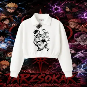 Naruto Uzumaki Premium Anime Kadın Crop Polo Yaka Yarım Fermuarlı Sweatshirt Beyaz