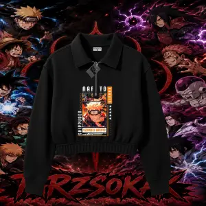 Naruto Uzumaki Premium Anime Kadın Crop Polo Yaka Yarım Fermuarlı Sweatshirt Beyaz