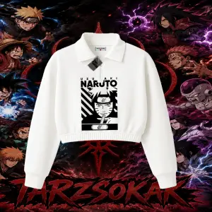 Naruto Uzumaki Premium Anime Kadın Crop Polo Yaka Yarım Fermuarlı Sweatshirt Beyaz