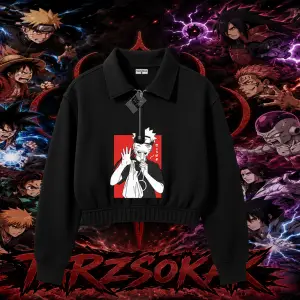 Naruto Uzumaki Premium Anime Kadın Crop Polo Yaka Yarım Fermuarlı Sweatshirt Beyaz