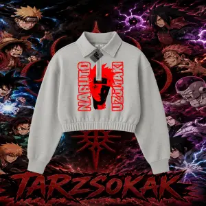 Naruto Uzumaki Premium Anime Kadın Crop Polo Yaka Yarım Fermuarlı Sweatshirt Beyaz