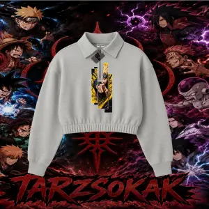Naruto Uzumaki Premium Anime Kadın Crop Polo Yaka Yarım Fermuarlı Sweatshirt Beyaz