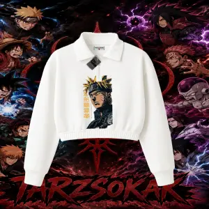 Naruto Uzumaki Premium Anime Kadın Crop Polo Yaka Yarım Fermuarlı Sweatshirt Beyaz