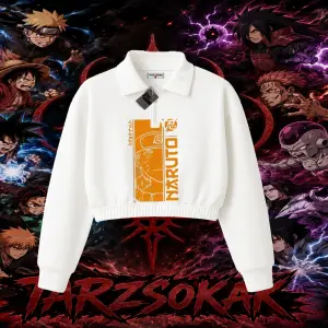Naruto Uzumaki Premium Anime Kadın Crop Polo Yaka Yarım Fermuarlı Sweatshirt Beyaz