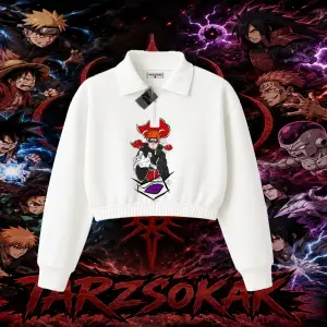 Naruto Uzumaki Premium Anime Kadın Crop Polo Yaka Yarım Fermuarlı Sweatshirt Beyaz