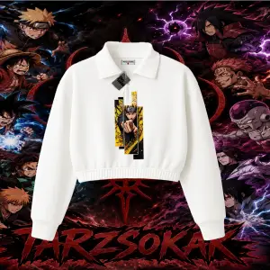 Naruto Uzumaki Premium Anime Kadın Crop Polo Yaka Yarım Fermuarlı Sweatshirt Beyaz