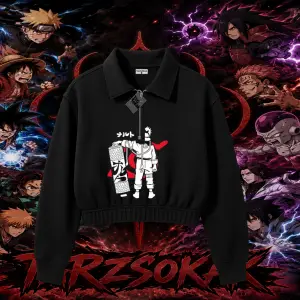 Naruto Uzumaki Premium Anime Kadın Crop Polo Yaka Yarım Fermuarlı Sweatshirt Beyaz