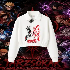 Naruto Uzumaki Premium Anime Kadın Crop Polo Yaka Yarım Fermuarlı Sweatshirt Beyaz