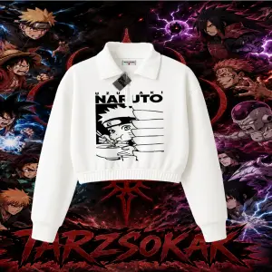 Naruto Uzumaki Premium Anime Kadın Crop Polo Yaka Yarım Fermuarlı Sweatshirt Beyaz