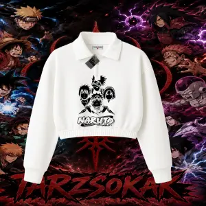 Naruto Uzumaki Premium Anime Kadın Crop Polo Yaka Yarım Fermuarlı Sweatshirt Beyaz