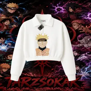 Naruto Uzumaki Premium Anime Kadın Crop Polo Yaka Yarım Fermuarlı Sweatshirt Beyaz